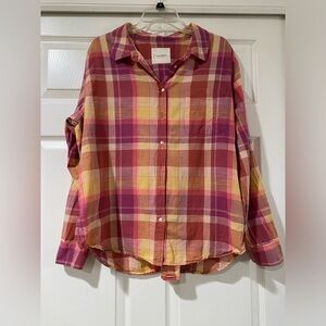 Lucky Brand Women's Pink & Yellow Plaid Shirt Size L Boyfriend Button Down Top